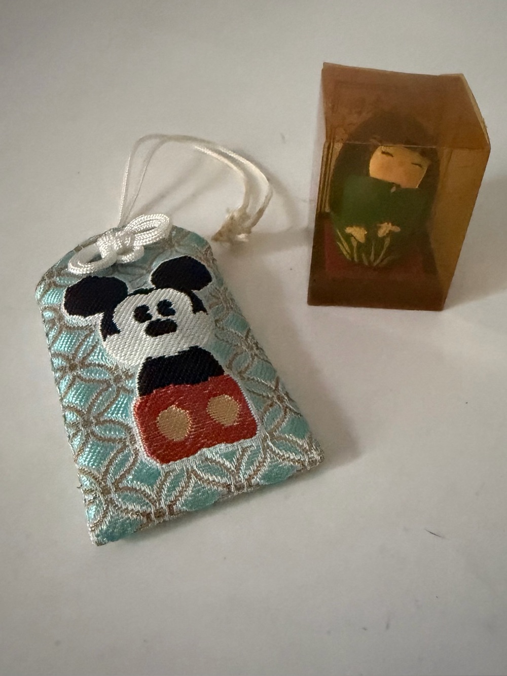 Vintage Tokyo Disney Souvenirs Japan Omamori Amulet And Miniature Kokeshi Doll